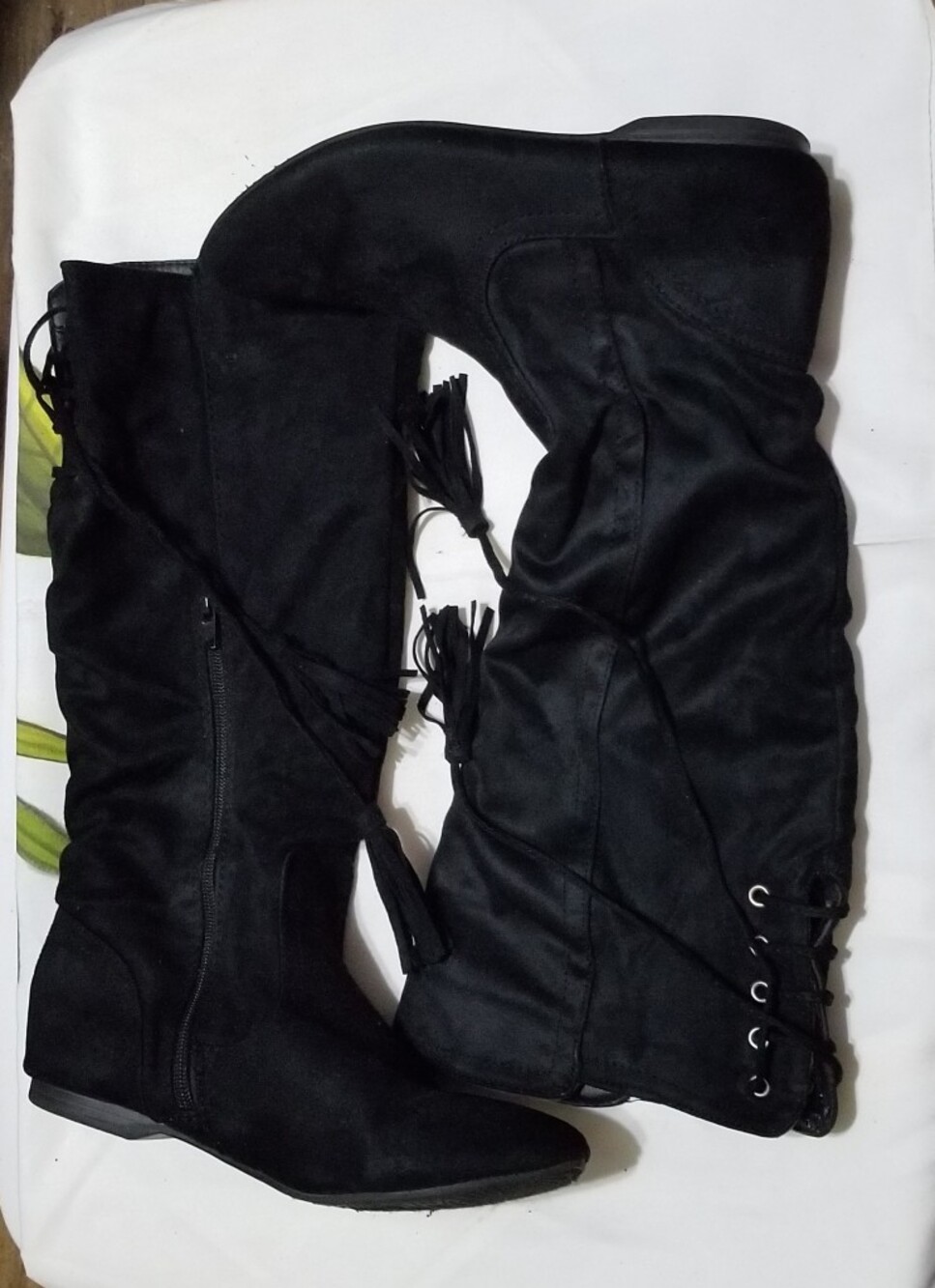 Academy Women's 7 1/2 Black Faux Suede Lace-Up Knee-High Boots With Side Zipper